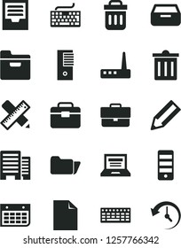 Solid Black Vector Icon Set - laptop vector, briefcase, bin, keyboard, clean sheet of paper, archive, portfolio, buildings, writing accessories, folder, drawer, pencil, wall calendar, pc tower