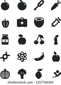 Solid Black Vector Icon Set - electronic thermometer vector e, medical bag, carrot, jar of jam, apple, cherry, peach, half pomegranate, quince, tasty plum, banana, delicious, coconut, stub, broccoli