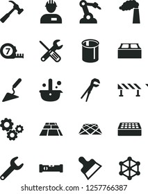 Solid Black Vector Icon Set - workman vector, building trowel, small tools, adjustable wrench, long meashuring tape, construction level, brick, block, putty knife, paving slab, pavement, road fence