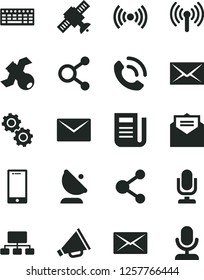Solid Black Vector Icon Set - desktop microphone vector, envelope, horn, received letter, smartphone, phone call, satellite antenna, connection, connections, scheme, newspaper, keyboard, wireless