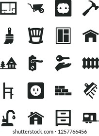 Solid Black Vector Icon Set - house vector, cradle, a chair for feeding, brick wall, building trolley, window, wooden paint brush, lay out of flat, power socket type b, f, door knob, spatula, home