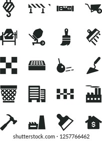 Solid Black Vector Icon Set - wicker pot vector, hook, building trolley, trowel, concrete mixer, wooden paint brush, level, buildings, tile, ceramic tiles, brick, putty knife, spatula, road fence