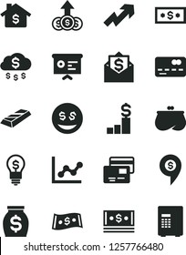 Solid Black Vector Icon Set - growth up vector, graph, cards, front of the bank card, purse, money, cash, dollar, financial report, gold bar, rain, mortgage, pedestal, idea, eyes, mail, pin, safe