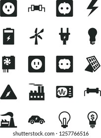 Solid Black Vector Icon Set - lightning vector, incandescent lamp, power socket type b, f, charging battery, wind energy, factory, light bulb, electric plug, industrial building, transport, resistor