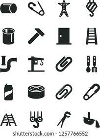 Solid Black Vector Icon Set - clip vector, safety pin, open, iron fork spoons, crane, hook, winch, adjustable wrench, stepladder, ladder, ntrance door, hammer, canned goods, soda can, water pipes