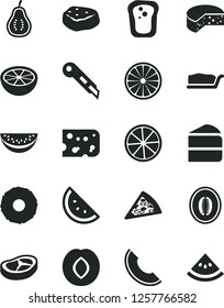 Solid Black Vector Icon Set - stationery knife vector, piece of cheese, pizza, cake, slice, bacon, meat, orange, sandwich, plum, melon, half, water, lemon, pineapple, grapefruit, part guava