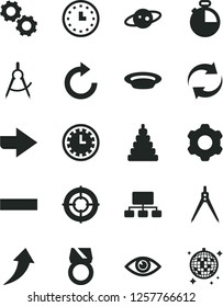 Solid Black Vector Icon Set - clock face vector, right direction, renewal, minus, clockwise, stacking toy, cogwheel, eye, timer, plate, scribed compasses, scheme, wall watch, gears, drawing compass