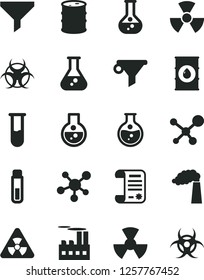 Solid Black Vector Icon Set - round flask vector, manufacture, oil, barrel, industrial building, radiation, filter, water, research article, test tube, molecule, nuclear, biohazard