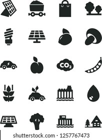 Solid Black Vector Icon Set - saving light bulb vector, drop, porcini, apple, mint, yellow lemon, peas, broccoli, solar panel, hydroelectric station, hydroelectricity, trees, electric, bag, sun