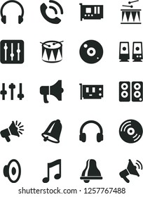 Solid Black Vector Icon Set - bell vector, loudspeaker, drumroll, drum, headphones, music, CD, regulator, phone call, megaphone, pc card, speaker, settings