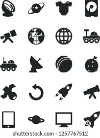 Solid Black Vector Icon Set - monitor vector, counterclockwise, t short, bath ball, earth, planet, tablet pc, hdd, telescope, satellite, antenna, saturn, rocket, lunar rover, flag on moon