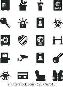 Solid Black Vector Icon Set - Baby chair vector, key, passport, strongbox, reverse side of a bank card, encrypting, biohazard, airport tower, rope barrier, identity, baggage scanner, passort control