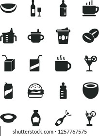 Solid Black Vector Icon Set - mug for feeding vector, measuring cup, bottle, e, packing of juice with a straw, coffee, burger, plate milk, beans, tea, coffe to go, cocktail, soda can, piece coconut
