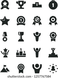 Solid Black Vector Icon Set - star vector, pedestal, medal, winner, podium, prize, gold cup, man hands up, mountain flag, first place, with pennant, ribbon, stars around