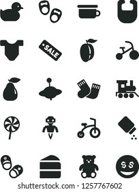 Solid Black Vector Icon Set - baby powder vector, bib, Child T shirt, duckling, warm socks, children's potty, small teddy bear, toy train, yule, bicycle, tricycle, shoes for little children, pear
