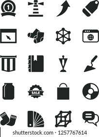 Solid Black Vector Icon Set - paper bag vector, warm socks, Knitted, building trowel, color samples, notebook, label, jar, lighthouse, ring diagram, sale, browser, 3d cube, pennant, medal ribbon