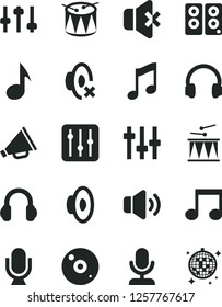 Solid Black Vector Icon Set - horn vector, loudspeaker, silent mode, drumroll, drum, microphone, music, regulator, volume, no sound, cd, headphones, pc speaker, note, settings, disco ball