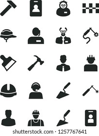 Solid Black Vector Icon Set - builder vector, trowel, building, ceramic tiles, construction helmet, putty knife, hammer, with claw, employee, welding, gas, woman, dispatcher, operator, scientist