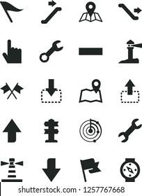 Solid Black Vector Icon Set - upward direction vector, downward, wind indicator, minus, index finger, map, flag, move up, down, lighthouse, coastal, repair, radar, cross flags, escalator, signpost