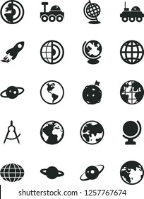 Solid Black Vector Icon Set - sign of the planet vector, globe, earth, scribed compasses, space rocket, core, saturn, lunar rover, flag on moon