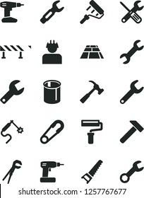 Solid Black Vector Icon Set - paint roller vector, repair key, safety pin, small tools, adjustable wrench, cordless drill, hand saw, paving slab, road fence, hammer, with claw, builder, pipes, steel