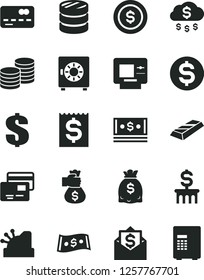Solid Black Vector Icon Set - dollar vector, strongbox, cards, coins, front of the bank card, column, financial item, dollars, cash, cashbox, gold bar, money bag hand, rain, coin, mail, atm, safe