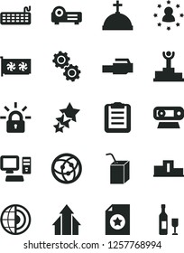 Solid Black Vector Icon Set - packing of juice with a straw vector, computer, keyboard, gpu card, web camera, network, lan connector, projector, encrypting, gears, clipboard, earth core, pedestal