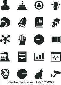 Solid Black Vector Icon Set - pie chart vector, archive, birthday cake, window frame, wall clock, bell, cardiogram, porcini, fried potato slices, factory, woman, man in sight, book on statistics