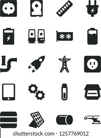 Solid Black Vector Icon Set - power socket type b vector, charge level, charging battery, water pipes, line, plug, pipe, tablet pc, memory, gpu card, hdd, scanner, speaker, big data, test tube