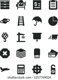 Solid Black Vector Icon Set - mark of injury vector, pie chart, storage unit, hook, concrete mixer, stepladder, umbrella, pile, gear, Construction crane, article on the dollar, urgent cargo, saturn