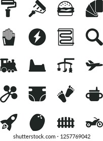 Solid Black Vector Icon Set - paint roller vector, magnifier, toys over the cradle, mug for feeding, nappy, baby rattle, potty chair, children's train, tracks, sample of colour, fence, heating coil