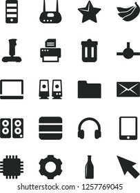 Solid Black Vector Icon Set - star vector, bananas, Glass bottle, tablet pc, notebook, tower, cpu, router, printer, headphones, speaker, folder, connect, trash bin, joystick, big data, mail, cursor