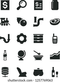 Solid Black Vector Icon Set - storage unit vector, car child seat, plates and spoons, baby toy train, sewerage, globe, big data server, bacon, bottle of soda, blueberries, water pipes, jar, purse