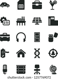 Solid Black Vector Icon Set - chest of drawers vector, house, portfolio, suitcase, door knob, interroom, headphones, cocktail, solar panel, modern gas station, industrial enterprise, SIM card, chair