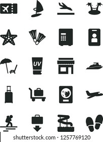 Solid Black Vector Icon Set - plane vector, backpacker, rolling suitcase, passport, ticket, getting baggage, arrival, arnchair under umbrella, uv cream, aquapark, starfish, flippers, access card