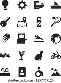 Solid Black Vector Icon Set - Earth Vector, Bus, Air Balloon, Bike, Baggage Scanner, Arrival, Hotel, Sun, Cocktail, Pool, Disabled, Tennis, Pets, Map, Key, Access Card, Shark Fin, Jellyfish