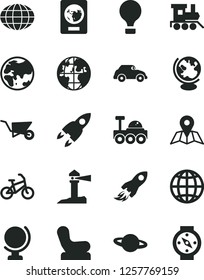 Solid Black Vector Icon Set - Baby chair vector, toy train, building trolley, map, globe, earth, planet, retro car, coastal lighthouse, space rocket, lunar rover, air balloon, bike, passport