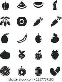 Solid Black Vector Icon Set - tomato vector, carrot, half apricot, strawberry, melon, loquat, goji berry, cherry, passion fruit, yellow lemon, of orange, guawa, piece coconut, slice water, beet