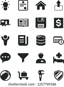 Solid Black Vector Icon Set - baby bath ball vector, house, workman, speech, book, move up, caliper, filter, column of coins, financial item, agenda, newspaper, floppy, bulb, patente, winner, camper