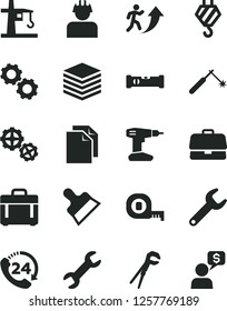 Solid Black Vector Icon Set - clean paper vector, hook, gears, adjustable wrench, drill, measuring tape, construction level, putty knife, case, pile, 24, builder, tower crane, welding, repair key