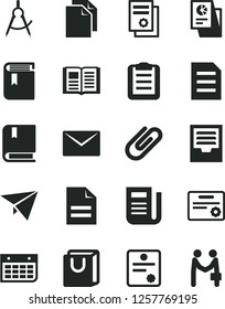 Solid Black Vector Icon Set - clean paper vector, scribbled, archive, book, e, envelope, bag with handles, clip, scribed compasses, statistical research, scientific publication, wall calendar, file