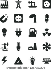 Solid Black Vector Icon Set - lightning vector, bulb, marine propeller, oil derrick, working, gas station, manufacture, power line, plug, socket, industrial building, thermal plant, energy saving