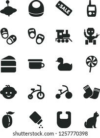 Solid Black Vector Icon Set - baby powder vector, bib, rubber duck, warm socks, toy mobile phone, children's potty, hairdo, train, yule, child bicycle, tricycle, shoes for little children, lollipop