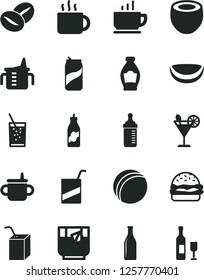 Solid Black Vector Icon Set - mug for feeding vector, measuring cup, bottle, bath ball, e, packing of juice with a straw, coffee, burger, beans, tea, glass soda, cocktail, can, liquor, piece coconut