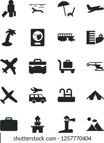 Solid Black Vector Icon Set - suitcase vector, coastal lighthouse, sand castle, helicopter, plane, bus, passenger, passport, hotel, tent, beach, arnchair under umbrella, palm tree, pool, baggage