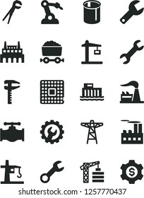 Solid Black Vector Icon Set - repair key vector, tower crane, adjustable wrench, gear, valve, factory, hydroelectric station, power pole, industrial building, Construction, processor, pipes, dollar