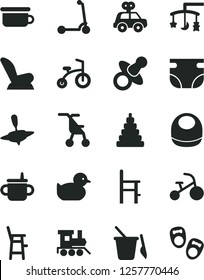 Solid Black Vector Icon Set - toys over the cradle vector, dummy, mug for feeding, nappy, baby bib, car child seat, sitting stroller, duckling, stacking toy, motor vehicle present, potty, a chair
