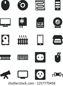 Solid Black Vector Icon Set - camera vector, power socket type f, heating coil, screen, smartphone, lens, SIM, cast iron radiator, fan, mouse, keyboard, pc supply, tower, monitor, hdd, scanner
