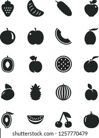 Solid Black Vector Icon Set - cucumber vector, strawberry, apple, cherry, peach, ripe, red, water melon, slice of, half mango, loquat, delicious plum, tangerine, yellow lemon, passion fruit