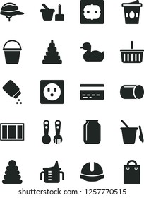 Solid Black Vector Icon Set - grocery basket vector, bank card, measuring cup for feeding, baby powder, rubber duck, stacking rings, toy, sand set, children's, plastic fork spoons, window frame, jar